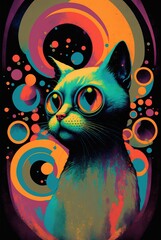 Psychedelic cosmic guru cat with infinite wisdom of the universes, hypnotic eyes captivates you, mysterious spirit essence surrounds - generative AI illustration.