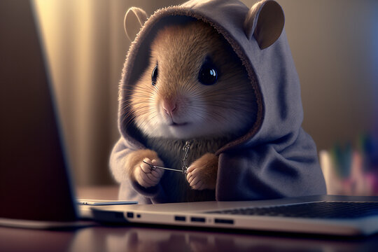 Anthropomorphic tiny cute and adorable baby hamster, hacker, wearing a Hoodie, dim light shining on face, seated at a computer desk - AI generative technology