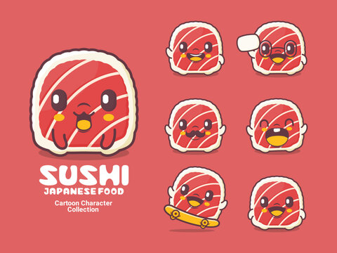 sushi cartoon character japanese food vector illustration