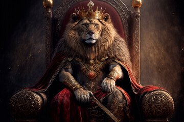 The Lion King with the crown sitting on the throne - AI generative technology - obrazy, fototapety, plakaty