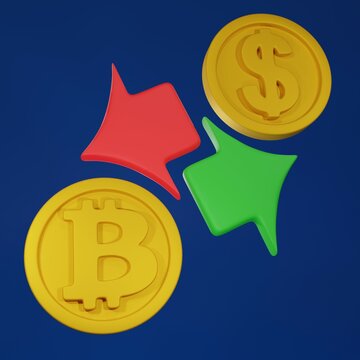 Coins of Bitcoin and dollar with arrow, world currency conversion. Concept of financial resources. Exchange icon. Raster cartoon rendering 3d illustration.