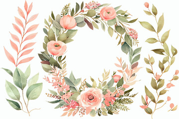 Fototapeta Watercolor floral wreath / frame / bouquet set. Decorative elements template. Flat cartoon illustration isolated on white background. obraz