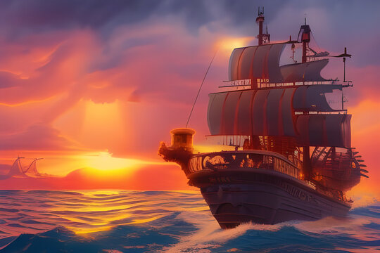 Beautiful ship sailing in the sea at sunset. Amazing 3D landscape. Digital illustration. CG Artwork Background