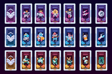 Card game characters. Cartoon deck with fantasy warrior animals, UI decorative frame with funny mascots for RPG sprite game asset. Vector colorful set © Tartila