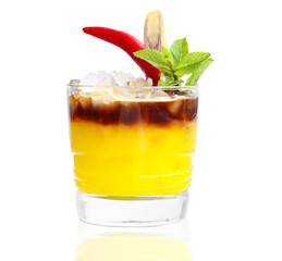 Summer cocktail drink, Fresh cocktail with orange, dark rum on ice. Alcoholic, non-alcoholic drink-beverage  with glass reflection shadow isolated on with background.