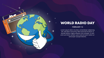 World radio day background with a world globe and radio receiver with a dark sky