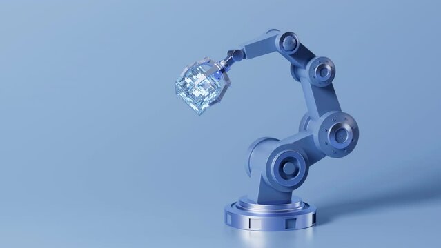 Mechanical arm and circuit chip  sci-tech video, 3d rendering.