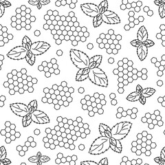 doodle with mint, honey, honeycomb poster for canteen, restaurant, shop, cafe, banner with vitamin healthy products on a white background drawn with black lines