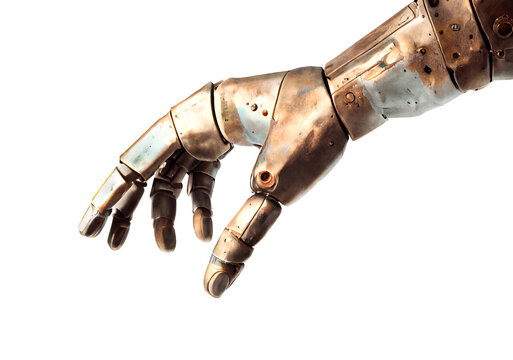 hand of an old humanoid tin robot created with Generative AI technology