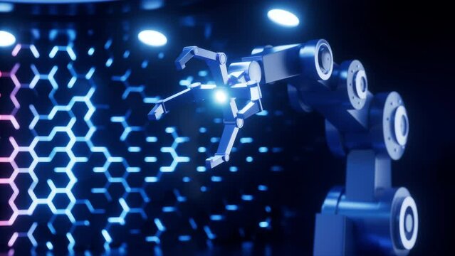 A rotating robotic arm in the neon background, 3d rendering.