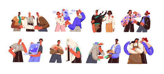 Hypocrisy, dishonesty concept. Liars, hypocrites people with fake emotions. Dishonest cunning liers cheating, pretending friends. Flat graphic vector illustrations isolated on white background