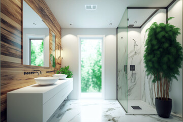 Fototapeta na wymiar Luxury and modern bathroom interior, spacious large minimal, Stylish vessel sink, large mirror, green plants in a hotel, apartment, or house
