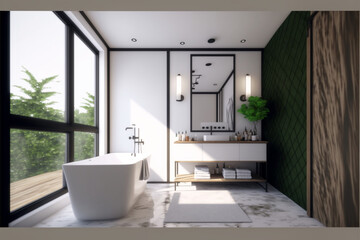 Fototapeta na wymiar Luxury and modern bathroom interior, spacious large minimal, Stylish vessel sink, large mirror, green plants in a hotel, apartment, or house