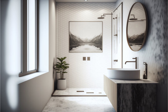 Luxury and modern bathroom interior, spacious large minimal, Stylish vessel sink, large mirror, green plants in a hotel, apartment, or house