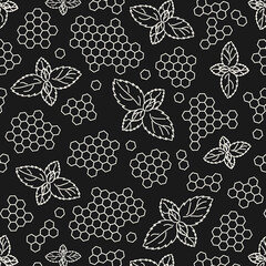 doodle with mint, honey, honeycomb poster for canteen, restaurant, shop, cafe, banner with vitamin healthy products on a black background drawn with white lines