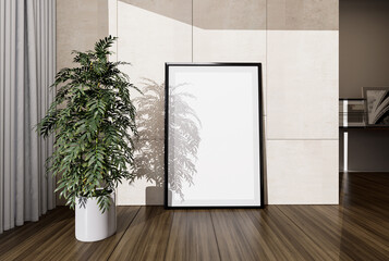Empty frame near the decorative concrete wall on the floor in the living room. 3D illustration.
