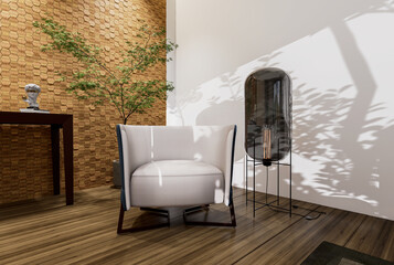 Elegant white armchair in the living room, decorative wall made of natural wood, designer stylish lamp in a minimalist style, 3D illustration.