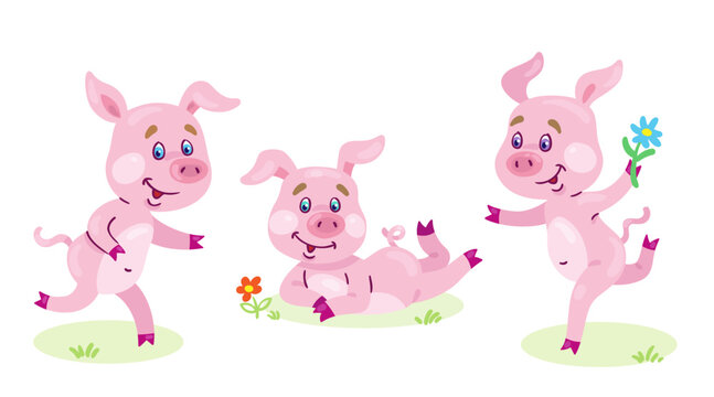 Three funny little piglets. In cartoon style. Isolated on white background. Vector flat illustration