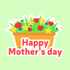 Happy mother day square card with basket with spring flowers. Vector illustration. Vector illustration.