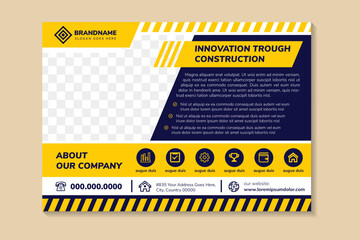 flyer template design with headline is innovation trough construction. space of photo collage and text. Advertising banner with horizontal layout. yellow and white element in blue bright background.