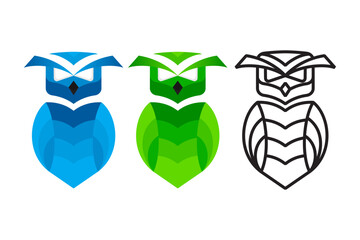 Obraz premium owl logo design template. modern and outline style. there are three colors selected are green, blue and black. abstract bird illustration symbol isolated on horizontal white background.