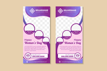 collection of Woman day vertical banners set. Design concept. Vector Illustration with topography map art pattern. land texture template. space photo collage and text. pink and purple gradient colors.