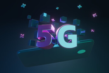3d render. 5G internet. Letters with phone in space