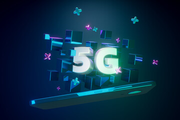 3d render. 5G internet. Volume Letters with phone and blockchain in space