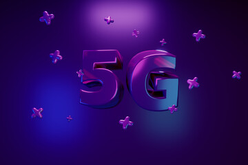 3d render. 5G high speed internet. Volumetric letters on a purple background