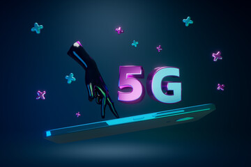 3d render. 5G internet. Cyberspace. The hand is on the phone like on a surf