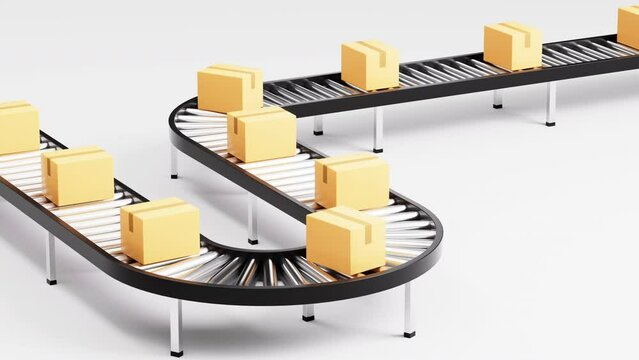Boxes on the conveyor belt, Logistics transportation concept, 3d rendering.