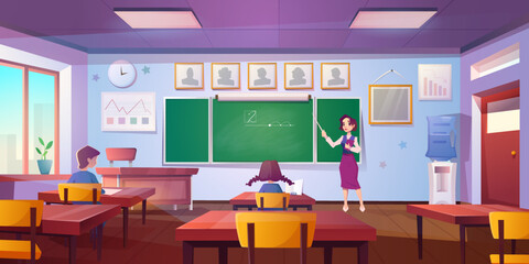 Cartoon classroom for math learning with pupils and teacher at the blackboard. Education school or college class interior with formula on green chalkboard, clock hanging on wall and water cooler.