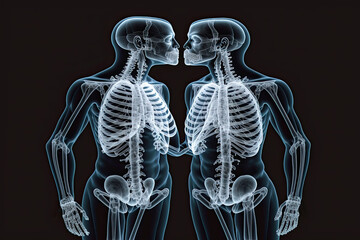 Generative AI illustration of a human skeleton couple looking at each other sideways in love on black background
