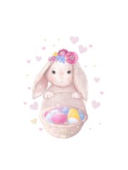 Cute bunny with a basket of Easter eggs, pink, yellow, blue, white, with a bouquet of pink flowers, mimosas and tulips and hearts on a white background, digital hand drawing.
