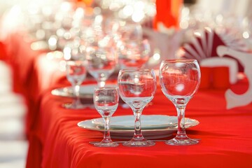 Crystal glasses for celebration, decorated for the holiday. Table setting.