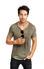 A trendy young man with sunglasses hanging around his neck Isolated on a PNG background.