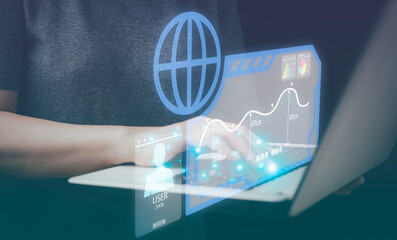 Data scientists. Man programmer using laptop analyzing and development at various information on futuristic virtual interface screen. Algorithm. marketing and deep learning of artificial intelligence