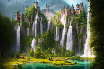 Fototapeta na wymiar A medieval European-style castle nestled in a forest with large, ancient trees by a crystal clear green lake, with a waterfall cascading down from the mountain into the lake