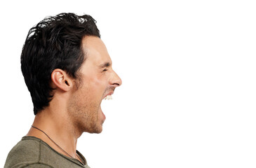 A handsome young man screaming Isolated on a PNG background.