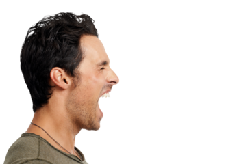 A handsome young man screaming Isolated on a PNG background.