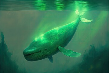 glowing green whale in the sea, ai generated