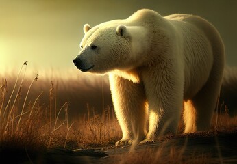 Obraz na płótnie Canvas Polar bear in the warm, dry arctic tundra after global warming and climate change have progressed. Endangered habitat. Generative AI.