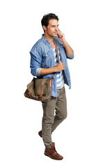 A handsome young man talking on his phone while walking Isolated on a PNG background.