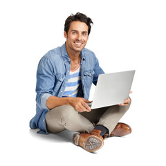 A handsome young man working on his laptop Isolated on a PNG background. - obrazy, fototapety, plakaty