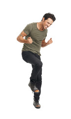 A handsome young man jumping with excitement Isolated on a PNG background.