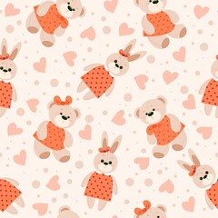 Seamless pattern of cute teddy bears and rabbits with colorful hearts on a light background. Vector