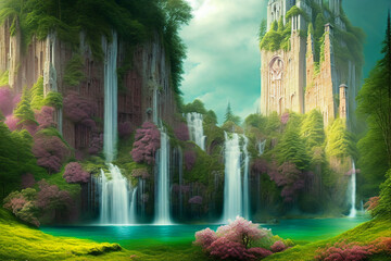 A medieval European-style castle nestled in a forest with large, ancient trees by a crystal clear green lake, with a waterfall cascading down from the mountain into the lake