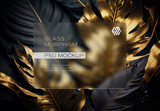 Glass Morphisme Rectangle Mockup with Black and Golden Leaves