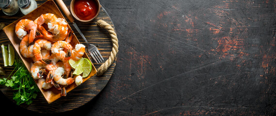 Cooked shrimps in a tray on tray with parsley and tomato sauce.