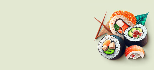 Fototapeta na wymiar Sushi rolls food on a plate. Generative AI.